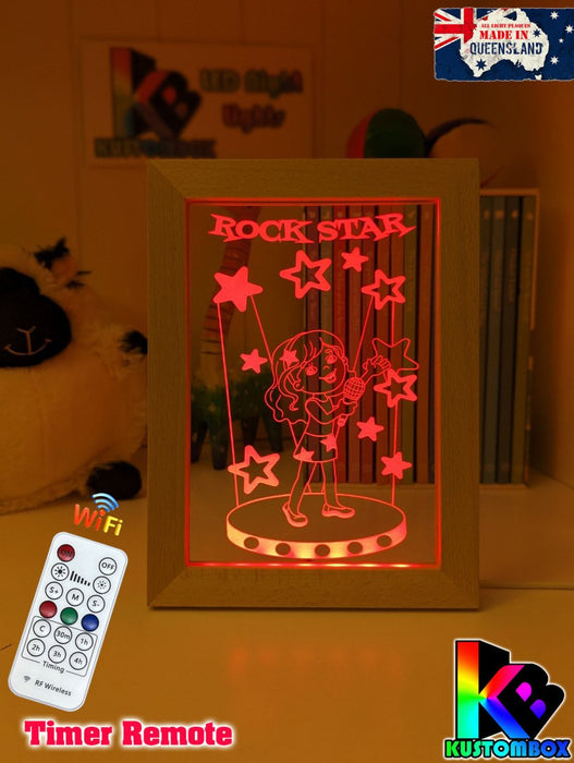 Singing Girl Rockstar Personalised Name Timber Frame USB 3D LED Night Light Lamp - KustomboxNight Lights & Ambient LightingKustomboxTimber Frame Light - $34.99