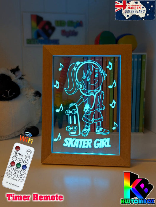 Skateboard Skater Girl Personalised Name Timber Frame USB 3D LED Night Light Lamp - KustomboxNight Lights & Ambient LightingKustomboxTimber Frame Light - $34.99