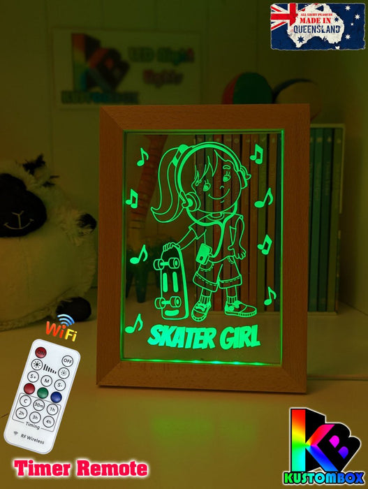 Skateboard Skater Girl Personalised Name Timber Frame USB 3D LED Night Light Lamp - KustomboxNight Lights & Ambient LightingKustomboxTimber Frame Light - $34.99
