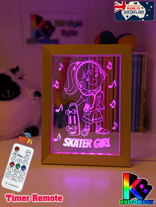 Skateboard Skater Girl Personalised Name Timber Frame USB 3D LED Night Light Lamp - KustomboxNight Lights & Ambient LightingKustomboxTimber Frame Light - $34.99