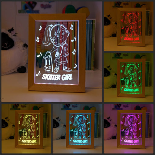 Skateboard Skater Girl Personalised Name Timber Frame USB 3D LED Night Light Lamp - KustomboxNight Lights & Ambient LightingKustomboxTimber Frame Light - $34.99