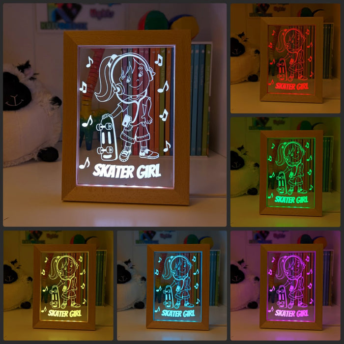 Skateboard Skater Girl Personalised Name Timber Frame USB 3D LED Night Light Lamp - KustomboxNight Lights & Ambient LightingKustomboxTimber Frame Light - $34.99