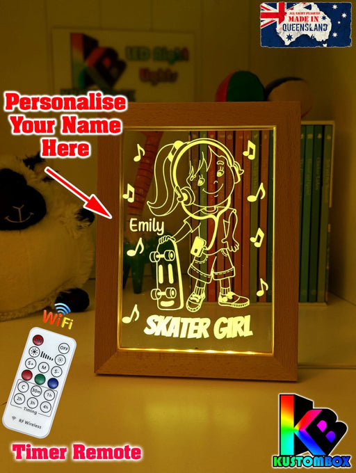 Skateboard Skater Girl Personalised Name Timber Frame USB 3D LED Night Light Lamp - KustomboxNight Lights & Ambient LightingKustomboxTimber Frame Light - $34.99