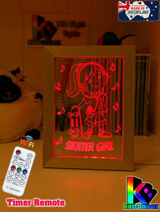 Skateboard Skater Girl Personalised Name Timber Frame USB 3D LED Night Light Lamp - KustomboxNight Lights & Ambient LightingKustomboxTimber Frame Light - $34.99