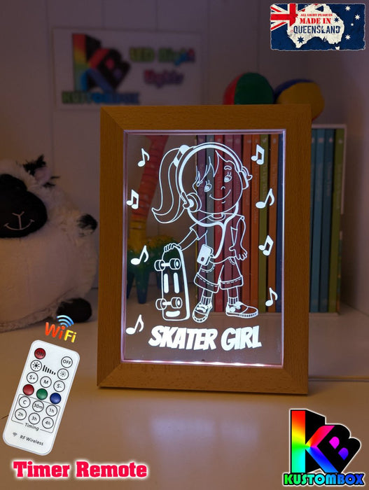 Skateboard Skater Girl Personalised Name Timber Frame USB 3D LED Night Light Lamp - KustomboxNight Lights & Ambient LightingKustomboxTimber Frame Light - $34.99