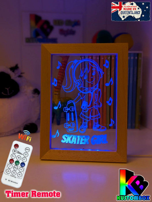 Skateboard Skater Girl Personalised Name Timber Frame USB 3D LED Night Light Lamp - KustomboxNight Lights & Ambient LightingKustomboxTimber Frame Light - $34.99