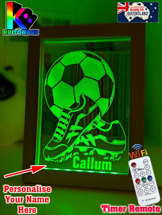 Soccer Foot Ball Player Personalised Name Timber Frame USB 3D LED Night Light Lamp - KustomboxNight Lights & Ambient LightingKustomboxTimber Frame Light - $34.99