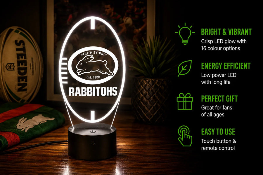 South Sydney Rabbitohs Rugby League Personalised 3D LED Night Light Lamp