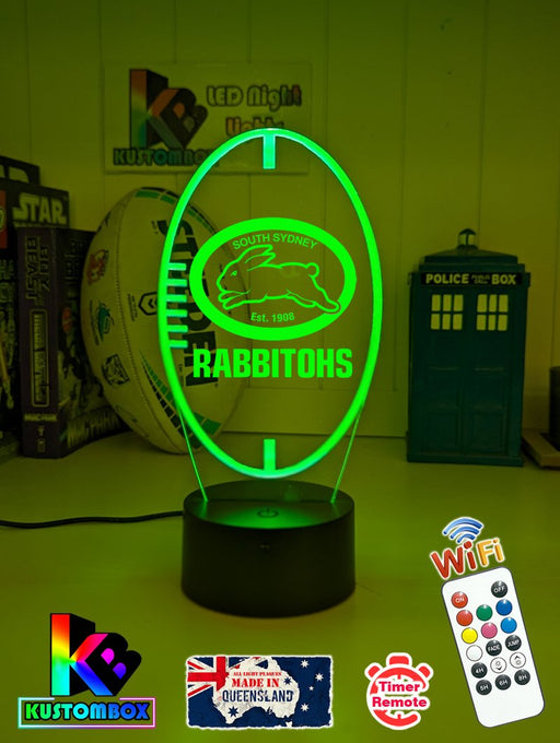 Custom South Sydney Rabbitohs LED lamp with engraved name, multi-colour lighting for rugby league fans