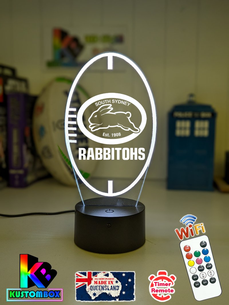 South Sydney Rabbitohs logo 3D acrylic light with 16-colour remote, ideal NRL gift for bedroom or bar