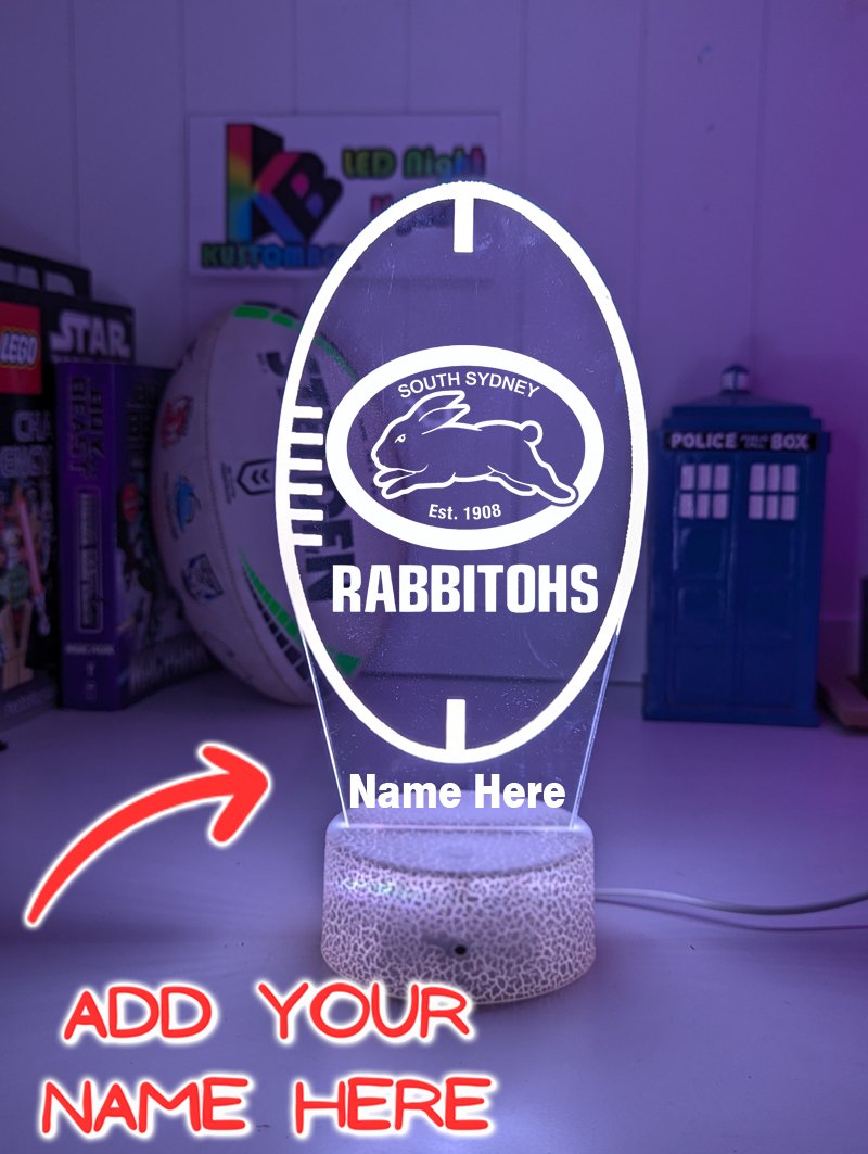 Personalised South Sydney Rabbitohs LED night light featuring team logo outline and custom engraving