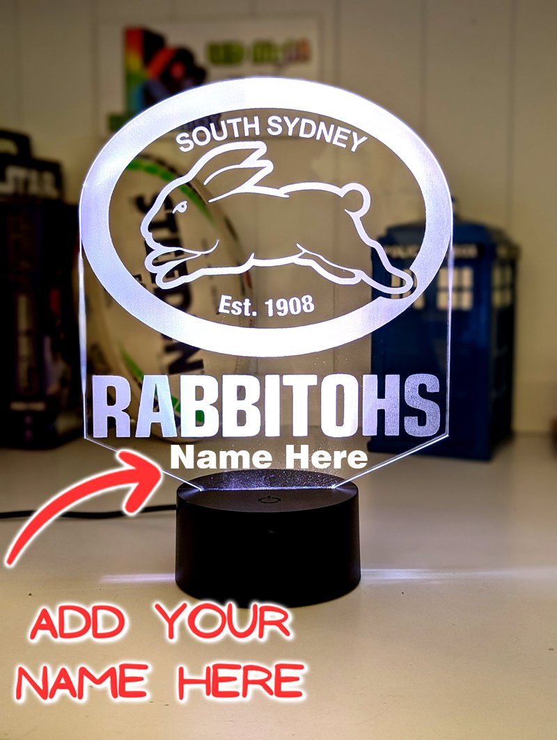 South Sydney Rabbitohs logo 3D acrylic light with 16-colour remote, ideal NRL gift for bedroom or bar