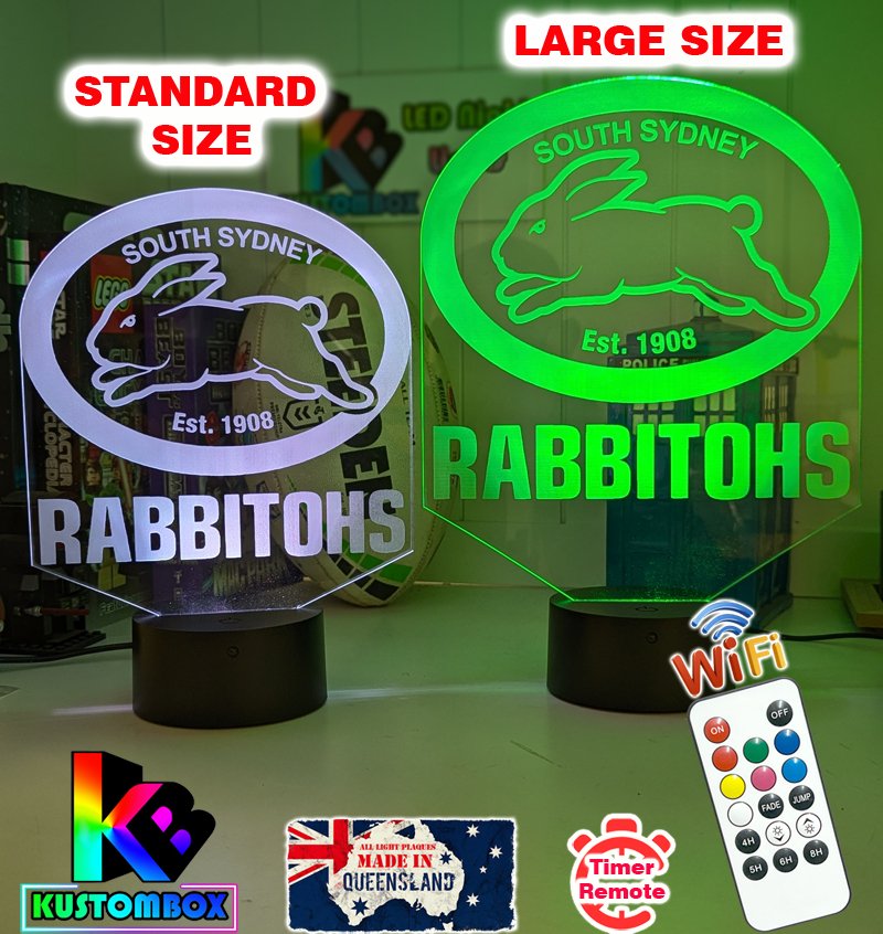 Personalised South Sydney Rabbitohs LED night light featuring team logo outline and custom engraving. 
