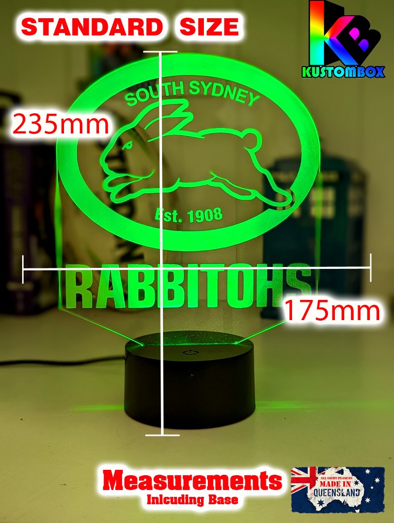 South Sydney Rabbitohs custom 3D LED lamp with name engraving and colour-changing effects. Standard size lamp 