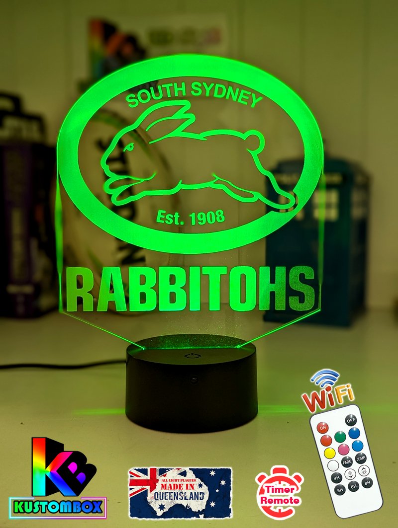 Personalised South Sydney Rabbitohs 3D LED night light glowing in 7 colours, perfect for kids or man caves