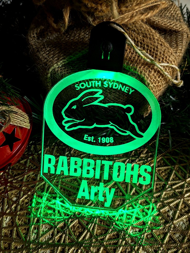  South Sydney Rabbitohs 7-colour rechargeable LED acrylic light bauble with custom name engraving