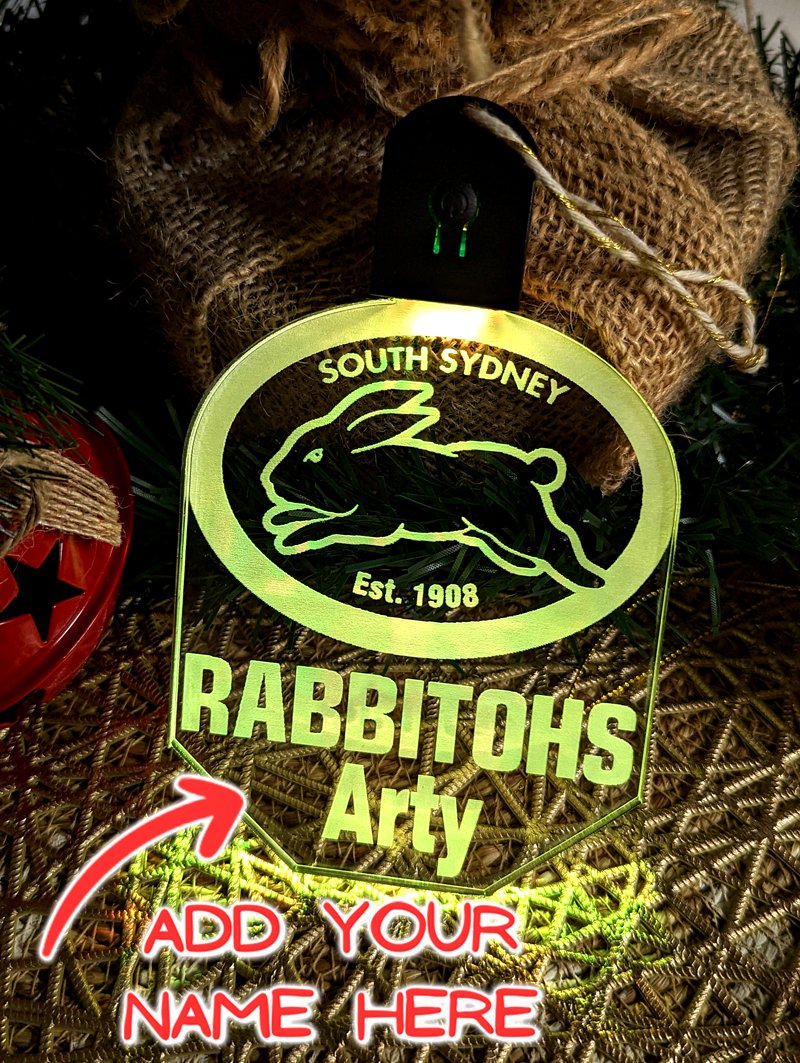 South Sydney Rabbitohs LED night light bauble featuring flash and fade colour change modes
