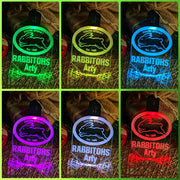Personalised South Sydney Rabbitohs LED acrylic bauble glowing in multiple colours with team logo.colour collage 