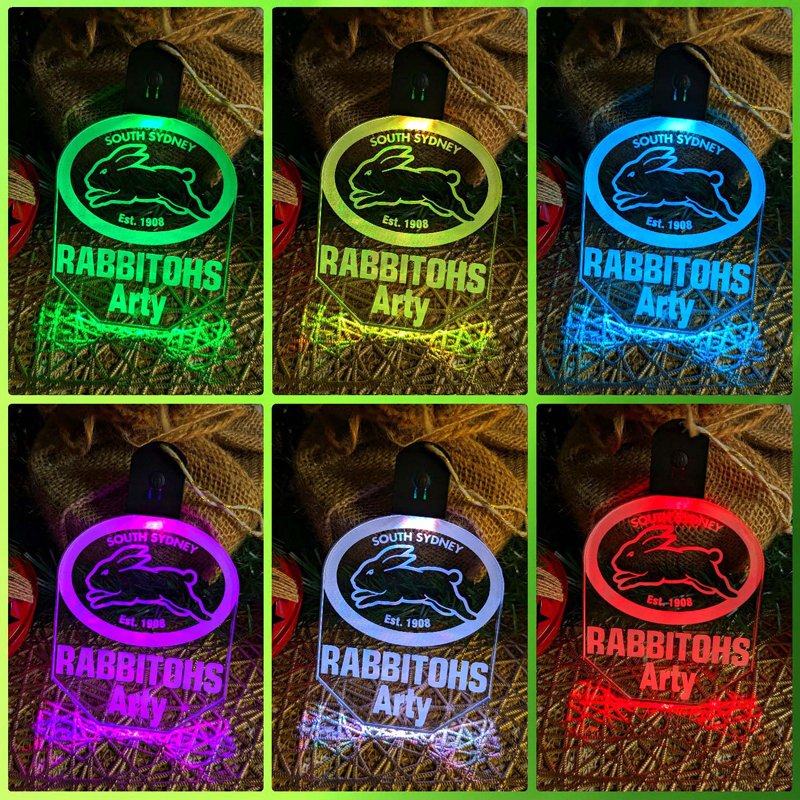 Personalised South Sydney Rabbitohs LED acrylic bauble glowing in multiple colours with team logo.colour collage 