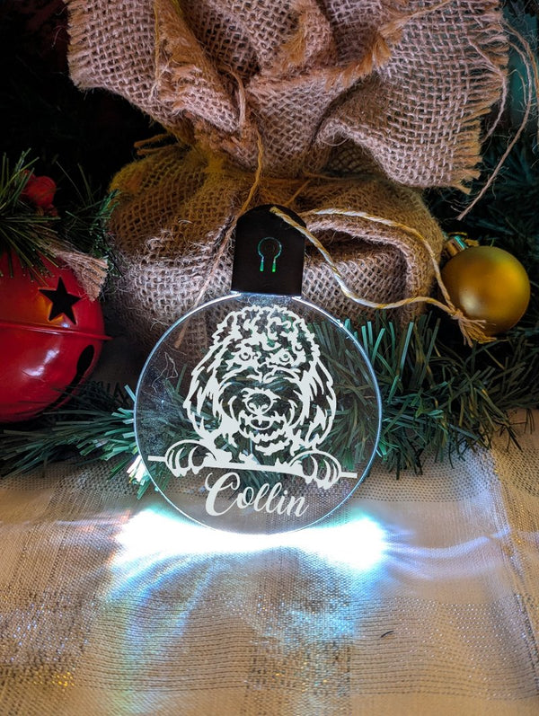 Spoodle Cockapoo Dog Personalised Name Christmas Light Bauble Decoration - KustomboxNight Lights & Ambient LightingKustomboxBauble - Standard Size
