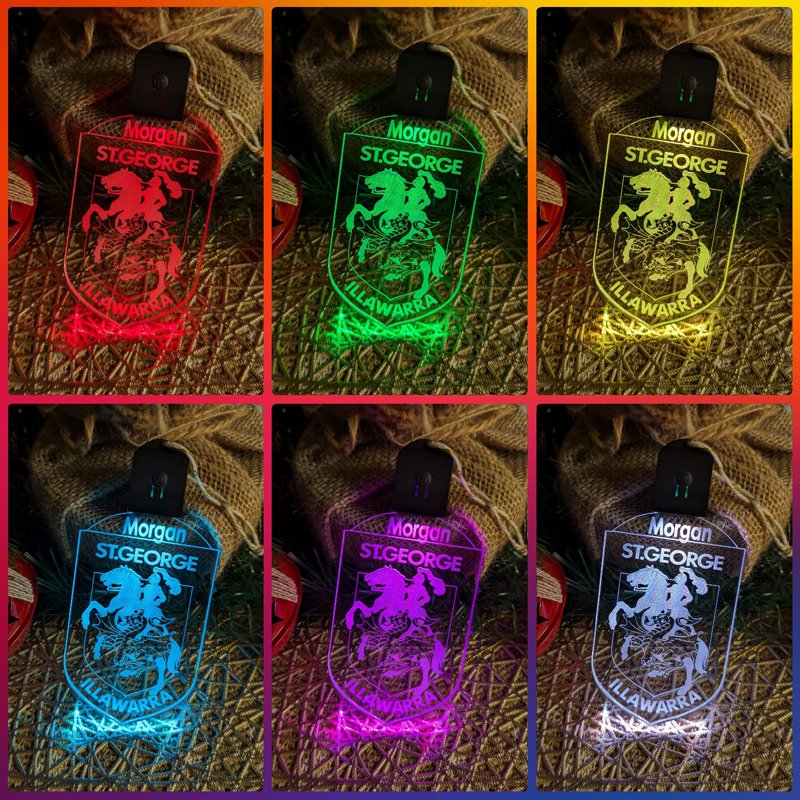 Personalised St George Dragons LED acrylic bauble glowing in multiple colours with team logo