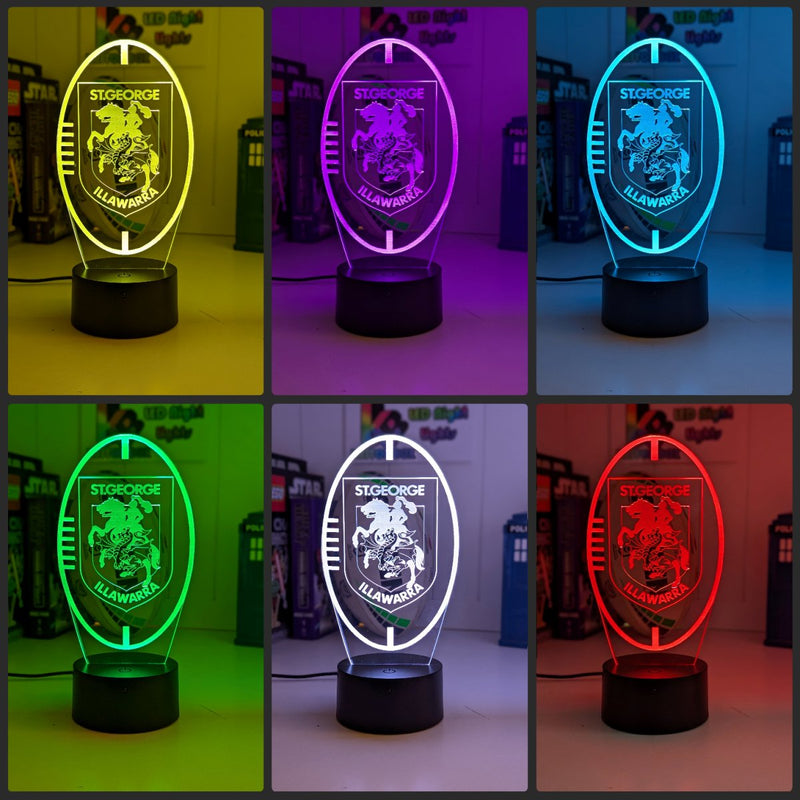 St George Illawarra Dragons logo 3D acrylic light with 16-colour remote, ideal NRL gift for bedroom or bar. Colour collage