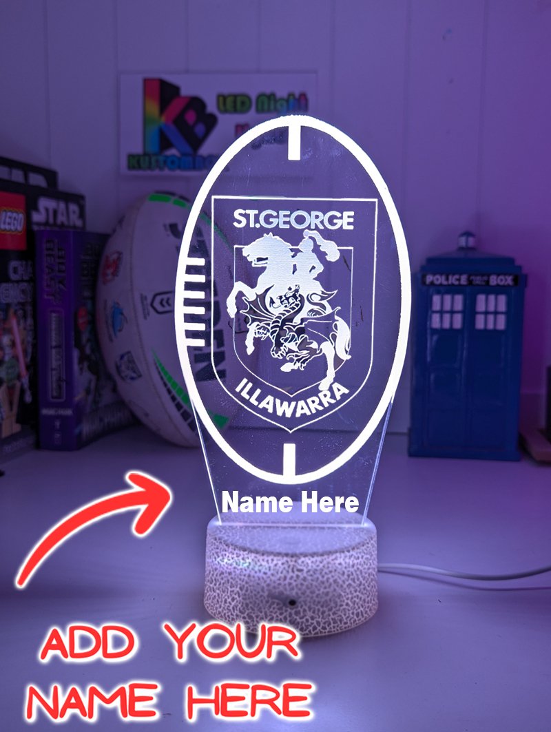 Personalised St George Illawarra Dragons LED night light featuring team logo outline and custom engraving. White crackle base 