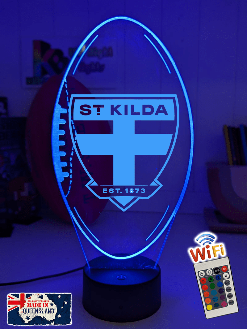 St Kilda Saints 3D LED lamp with custom name and 16-colour glow.