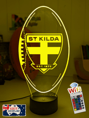 St Kilda Saints 3D LED night light glowing softly in a child’s bedroom with remote control