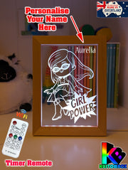 Super Girl Power Personalised Name Timber Frame base USB 3D LED Night Light + Remote - KustomboxNight Lights & Ambient LightingKustomboxTimber Frame Light