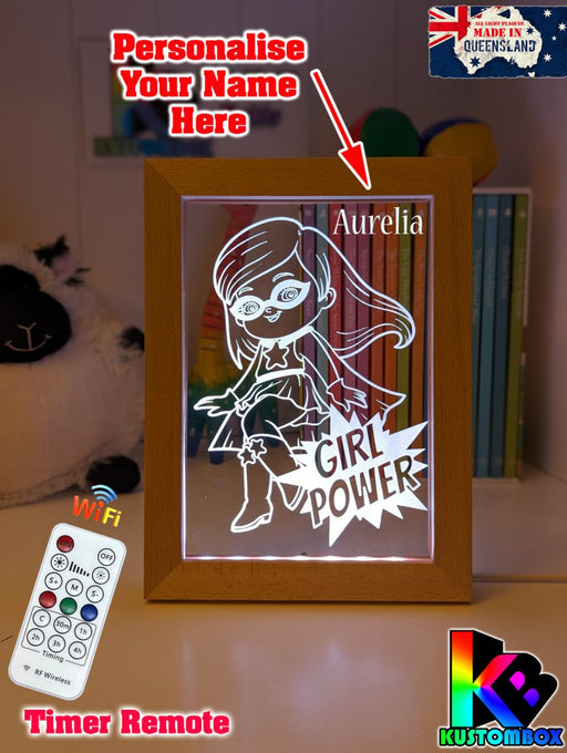 Super Girl Power Personalised Name Timber Frame base USB 3D LED Night Light + Remote - KustomboxNight Lights & Ambient LightingKustomboxTimber Frame Light