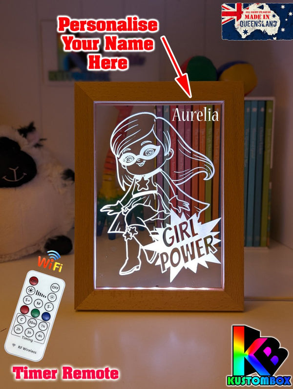 Super Girl Power Personalised Name Timber Frame base USB 3D LED Night Light + Remote - KustomboxNight Lights & Ambient LightingKustomboxTimber Frame Light
