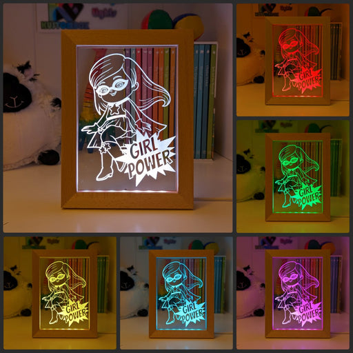 Super Girl Power Personalised Name Timber Frame base USB 3D LED Night Light + Remote - KustomboxNight Lights & Ambient LightingKustomboxTimber Frame Light