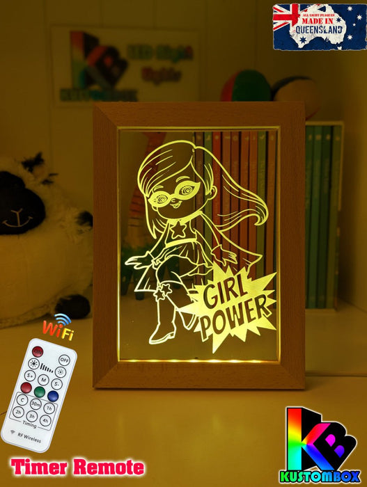 Super Girl Power Personalised Name Timber Frame base USB 3D LED Night Light + Remote - KustomboxNight Lights & Ambient LightingKustomboxTimber Frame Light