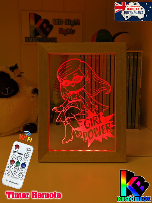 Super Girl Power Personalised Name Timber Frame base USB 3D LED Night Light + Remote - KustomboxNight Lights & Ambient LightingKustomboxTimber Frame Light