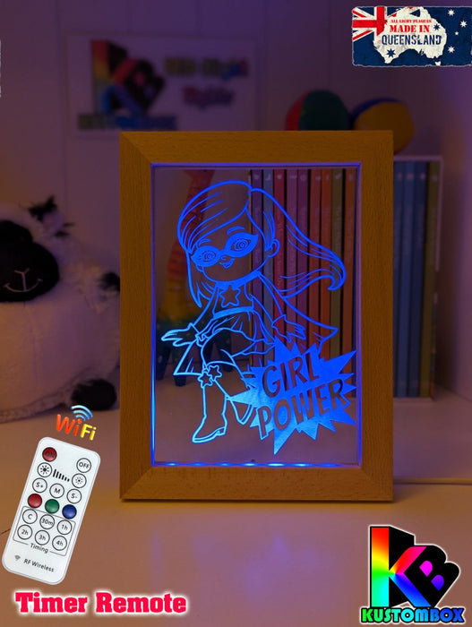 Super Girl Power Personalised Name Timber Frame base USB 3D LED Night Light + Remote - KustomboxNight Lights & Ambient LightingKustomboxTimber Frame Light