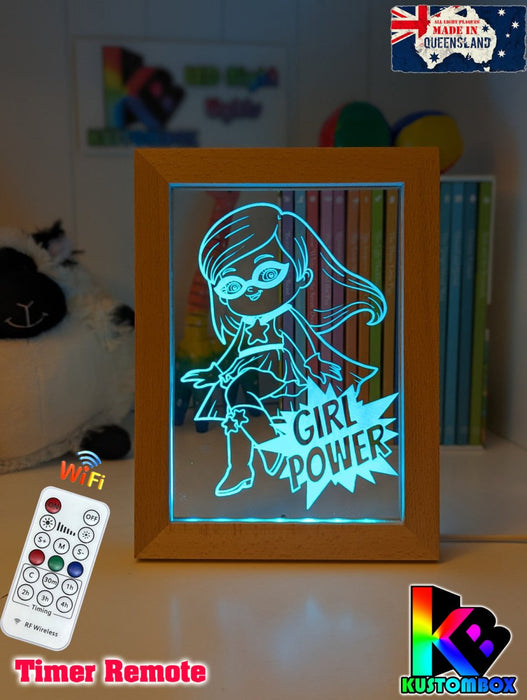 Super Girl Power Personalised Name Timber Frame base USB 3D LED Night Light + Remote - KustomboxNight Lights & Ambient LightingKustomboxTimber Frame Light