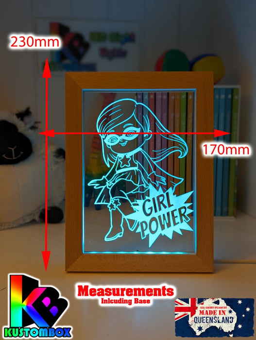 Super Girl Power Personalised Name Timber Frame base USB 3D LED Night Light + Remote - KustomboxNight Lights & Ambient LightingKustomboxTimber Frame Light