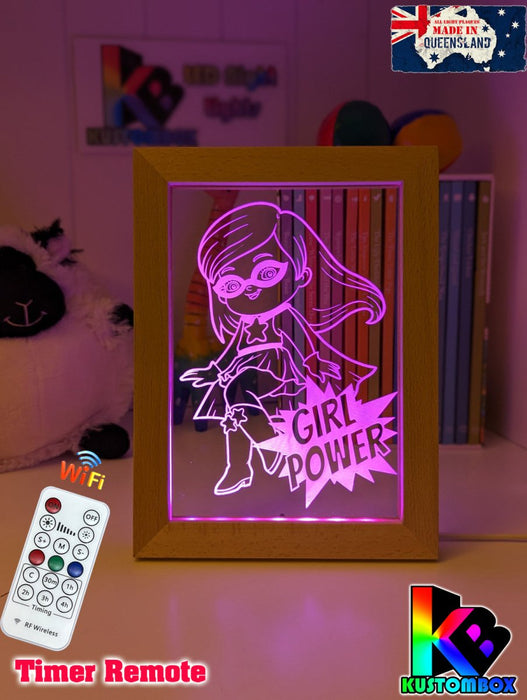 Super Girl Power Personalised Name Timber Frame base USB 3D LED Night Light + Remote - KustomboxNight Lights & Ambient LightingKustomboxTimber Frame Light