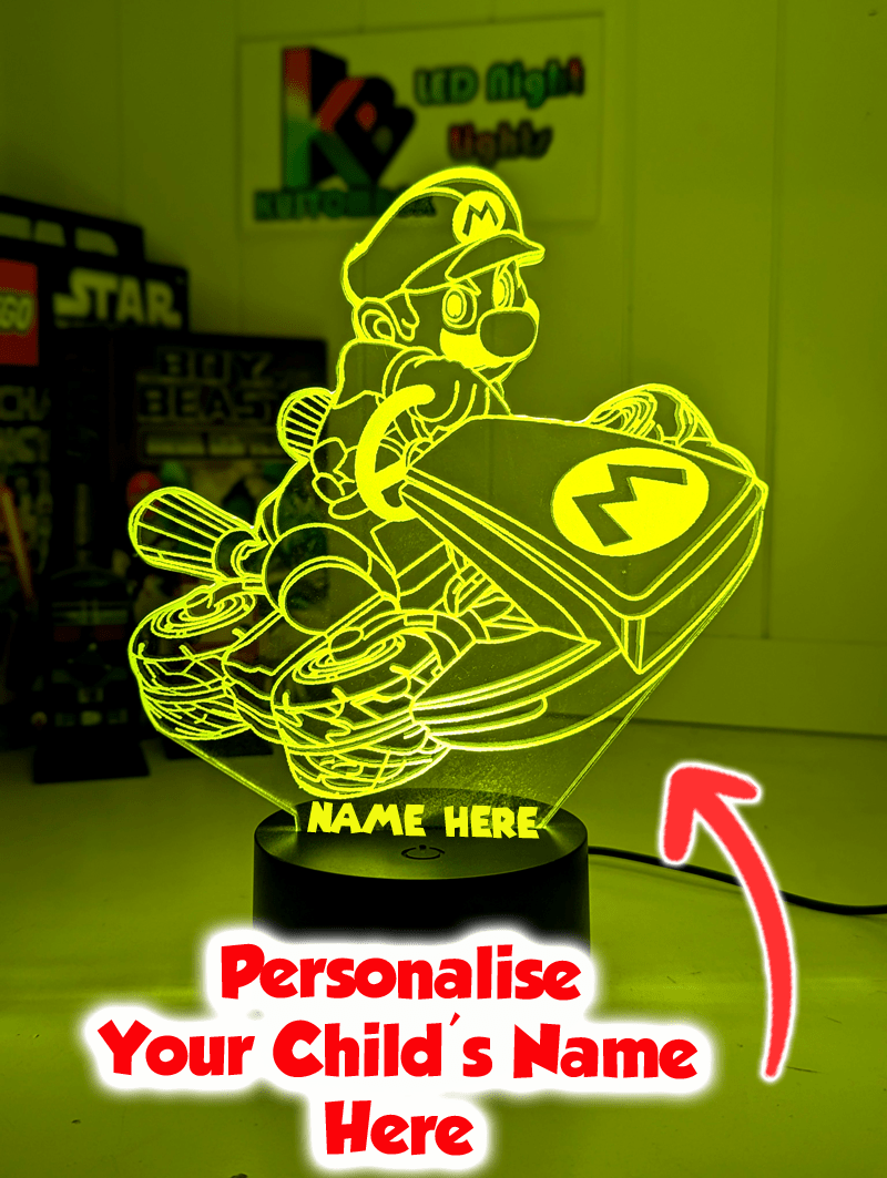 Super Mario Kart LED night light showing colour changing modes with remote control
