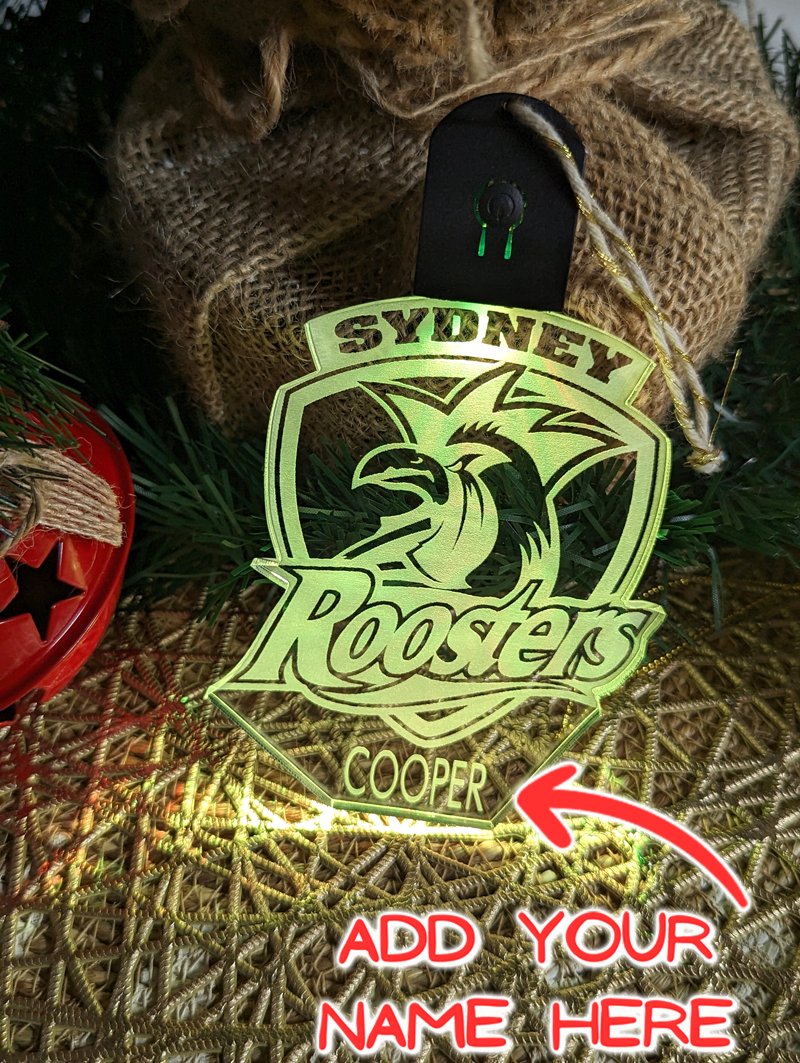 Sydney Roosters LED night light bauble featuring flash and fade colour change modes