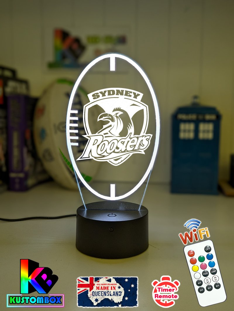 Personalised Sydney Roosters ball shape LED night light featuring team logo outline and custom engraving