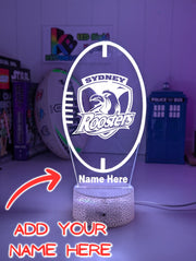 Sydney Roosters logo ball shape 3D acrylic light with 16-colour remote, ideal NRL gift for bedroom or bar.white crackle base