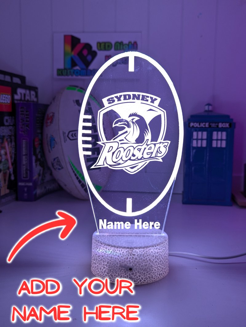 Sydney Roosters logo ball shape 3D acrylic light with 16-colour remote, ideal NRL gift for bedroom or bar.white crackle base