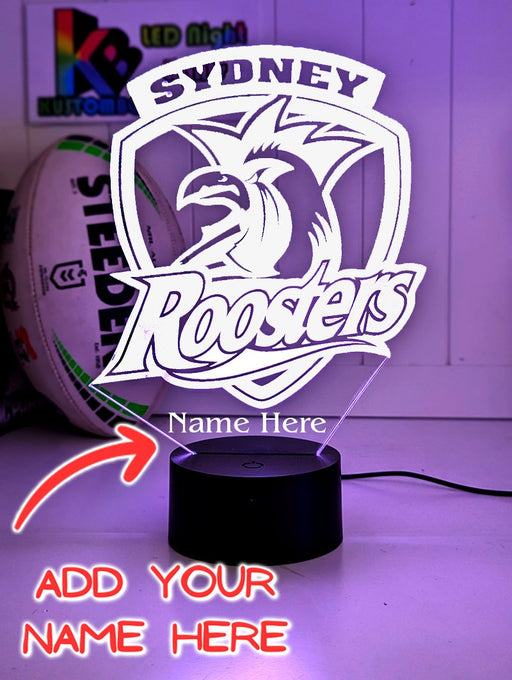 Custom Sydney Roosters LED lamp with engraved name, multi-colour lighting for rugby league fans