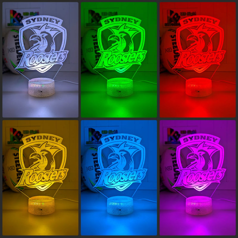 Personalised Sydney Roosters LED night light featuring team logo outline and custom engraving.colour collage white crackle