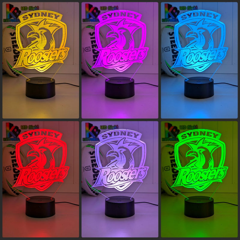 Sydney Roosters logo 3D acrylic light with 16-colour remote, ideal NRL gift for bedroom or bar