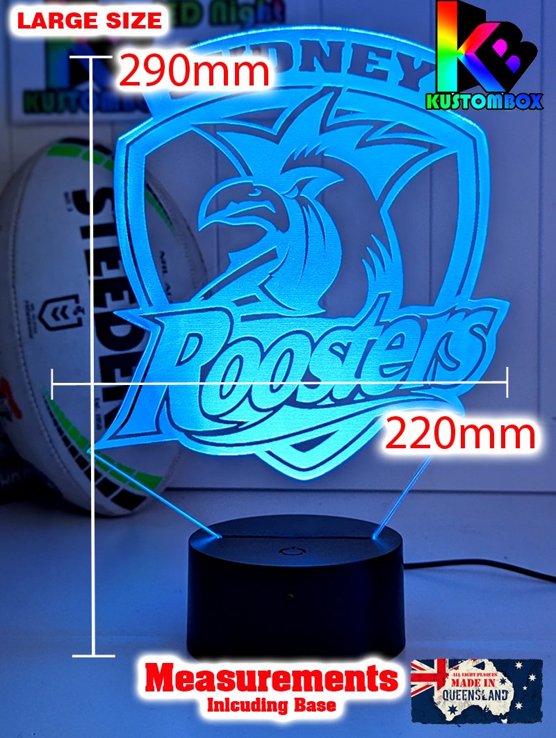 Custom Sydney Roosters LED lamp with 16 colour glow, perfect NRL-themed gift