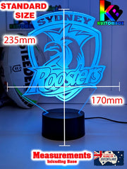 Sydney Roosters custom 3D LED lamp with name engraving and colour-changing effects. standard size lamp 