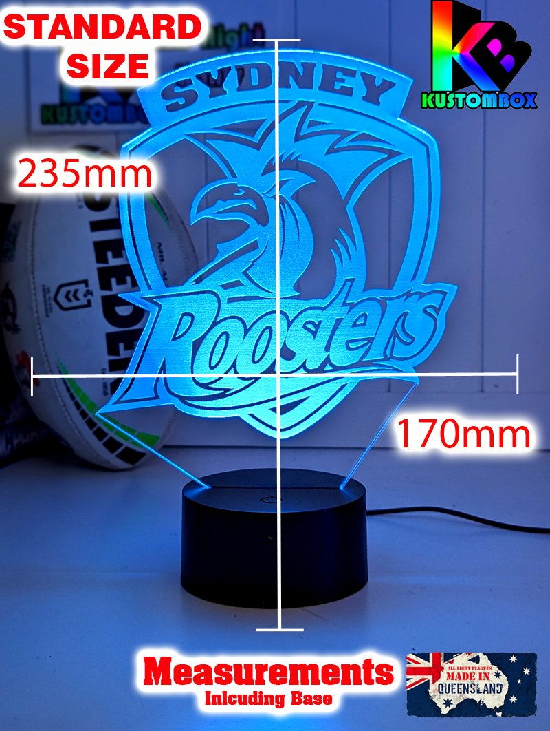 Sydney Roosters custom 3D LED lamp with name engraving and colour-changing effects. standard size lamp 